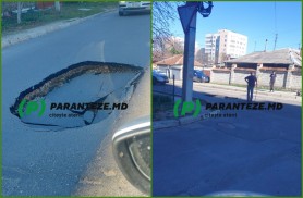 FOTO // Se surpă asfaltul în Chişinău. O gaură imensă s-a format în mijlocul drumului
